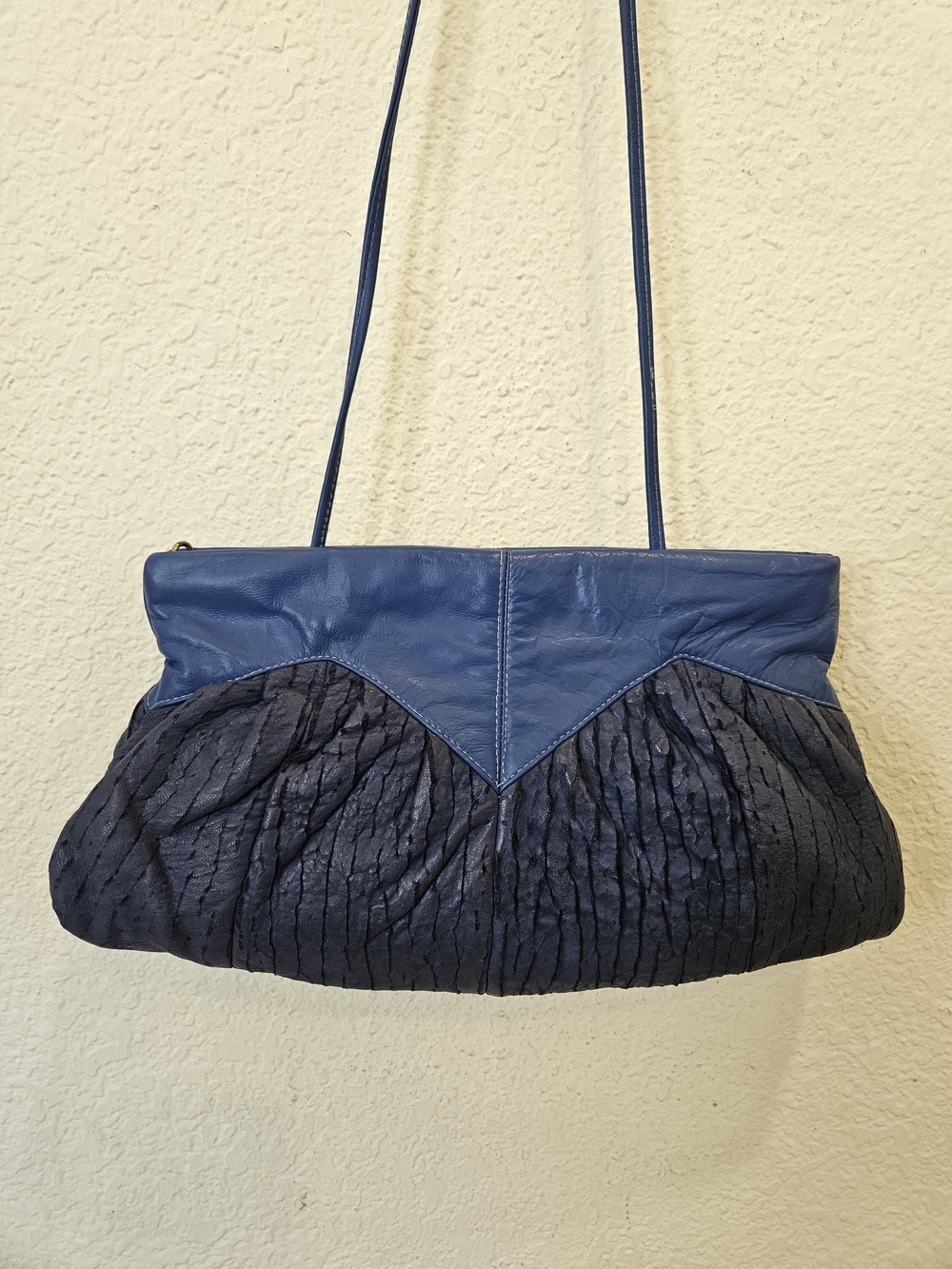80s Vintage Two Tone Blue Leather Convertible Clutch Evening Bag Geometric